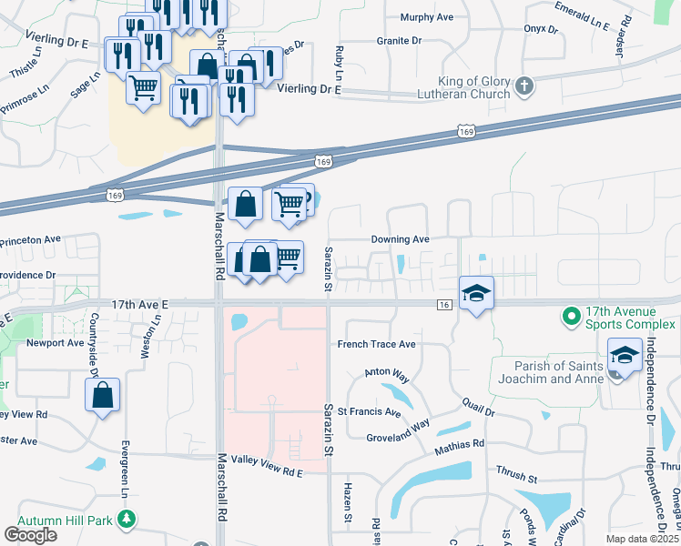 map of restaurants, bars, coffee shops, grocery stores, and more near 1821 Pintail Avenue in Shakopee