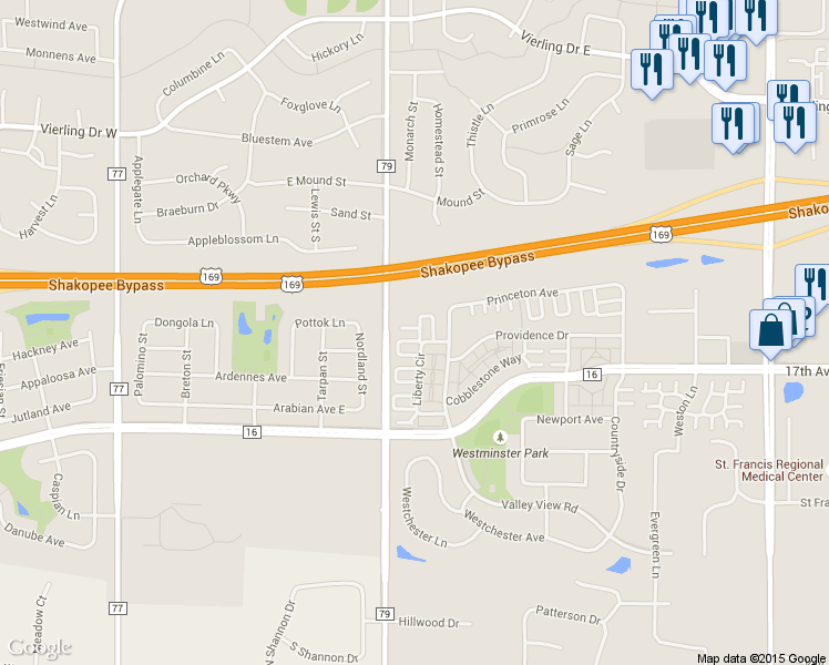 map of restaurants, bars, coffee shops, grocery stores, and more near 1540 Liberty Circle in Shakopee