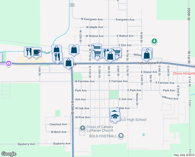 map of restaurants, bars, coffee shops, grocery stores, and more near 205 South 11th Street in Olivia