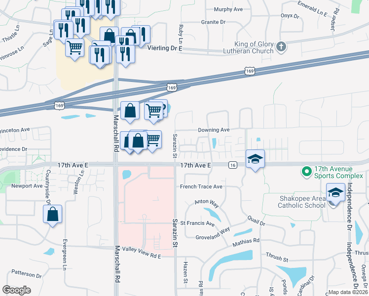 map of restaurants, bars, coffee shops, grocery stores, and more near 1821 Pintail Avenue in Shakopee