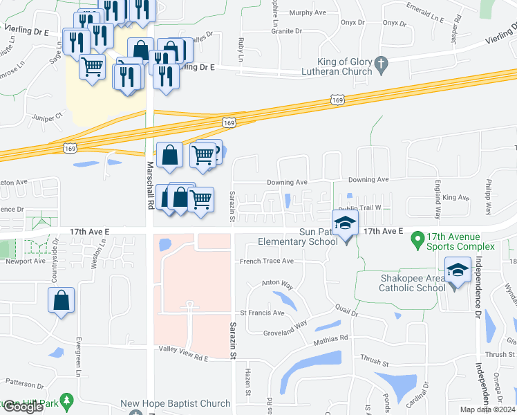 map of restaurants, bars, coffee shops, grocery stores, and more near 1878 Pintail Avenue in Shakopee