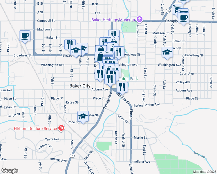 map of restaurants, bars, coffee shops, grocery stores, and more near 1705 Main Street in Baker City