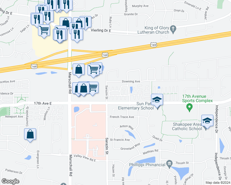 map of restaurants, bars, coffee shops, grocery stores, and more near 1866 Pintail Avenue in Shakopee