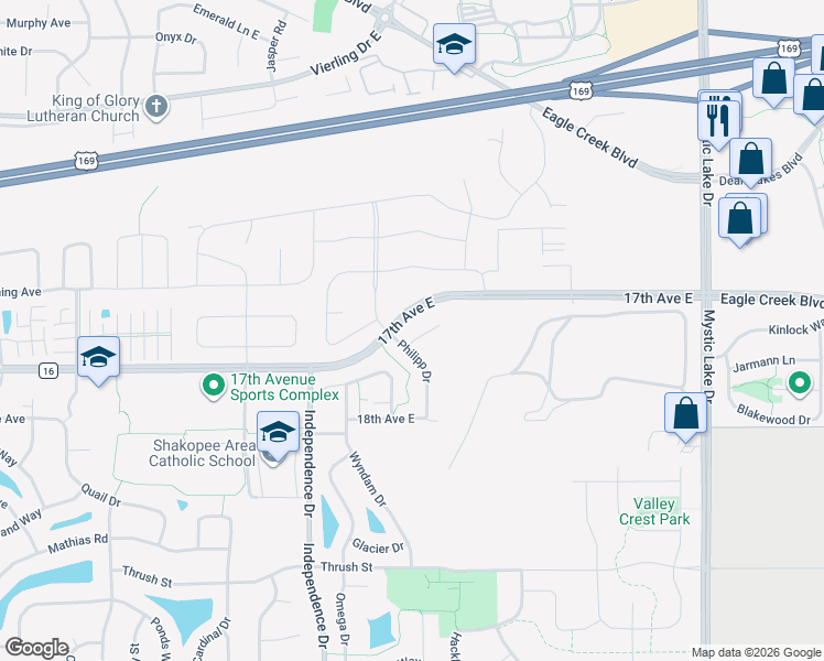 map of restaurants, bars, coffee shops, grocery stores, and more near 2941 Philipp Avenue in Shakopee