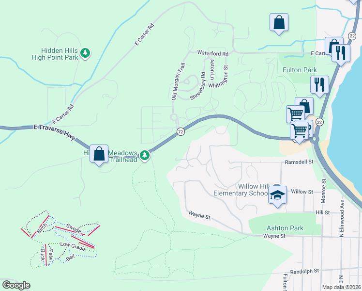 map of restaurants, bars, coffee shops, grocery stores, and more near 800-899 Wind Drift Drive in Traverse City