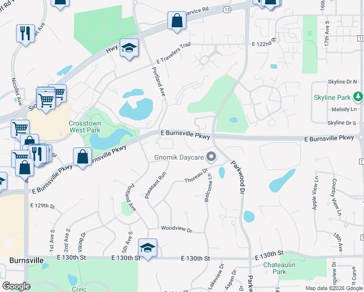 map of restaurants, bars, coffee shops, grocery stores, and more near 705 East Burnsville Parkway in Burnsville