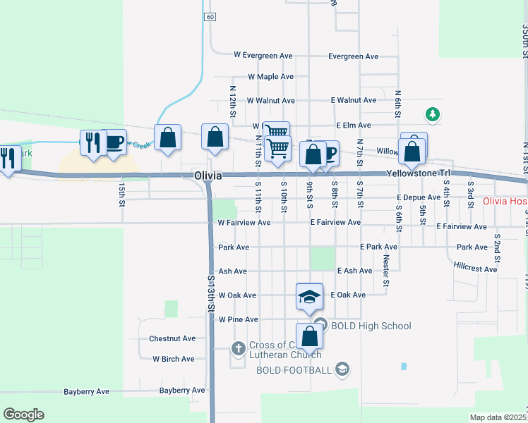 map of restaurants, bars, coffee shops, grocery stores, and more near 205 South 11th Street in Olivia