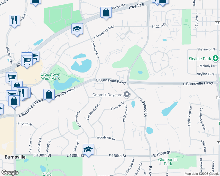 map of restaurants, bars, coffee shops, grocery stores, and more near 705 East Burnsville Parkway in Burnsville