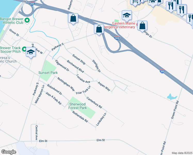 map of restaurants, bars, coffee shops, grocery stores, and more near 68 Lorraine Avenue in Brewer