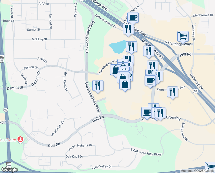 map of restaurants, bars, coffee shops, grocery stores, and more near 4720 Golf Road in Eau Claire