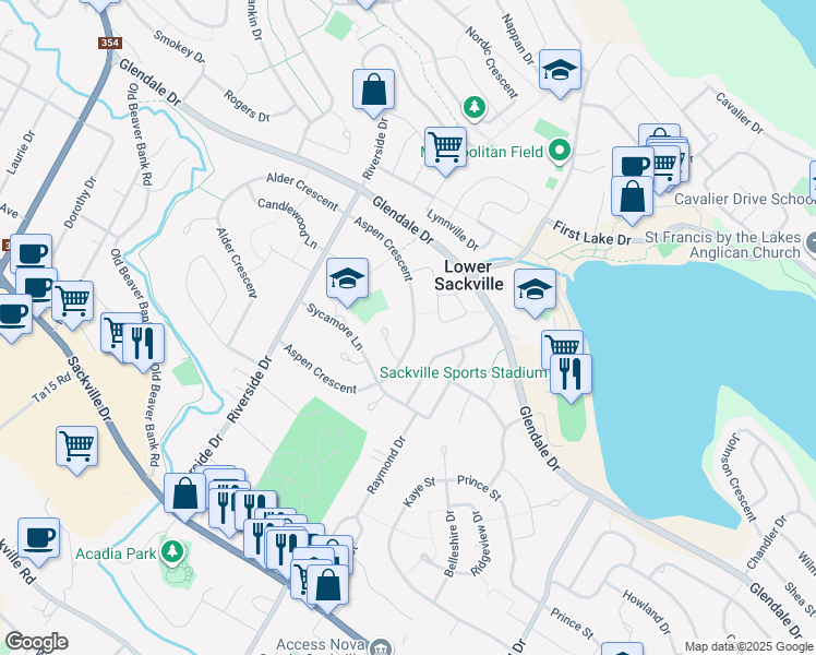 map of restaurants, bars, coffee shops, grocery stores, and more near 126 Aspen Crescent in Lower Sackville