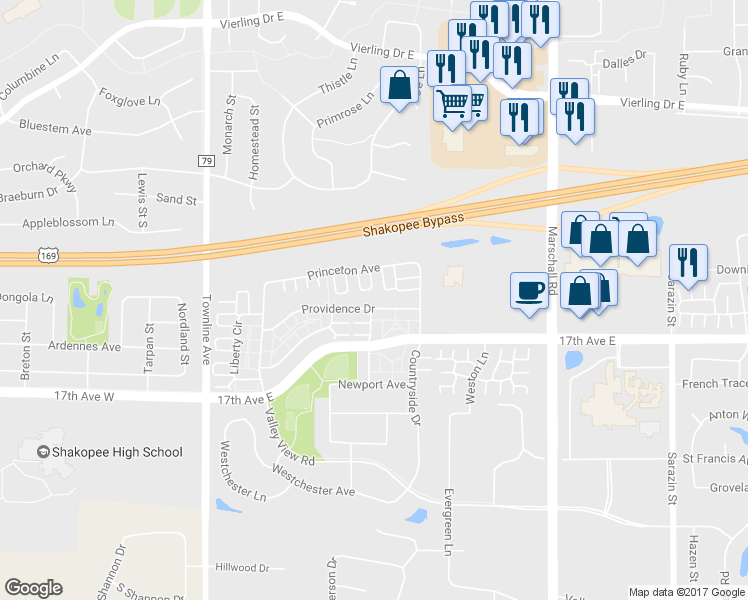 map of restaurants, bars, coffee shops, grocery stores, and more near 945 Providence Drive in Shakopee