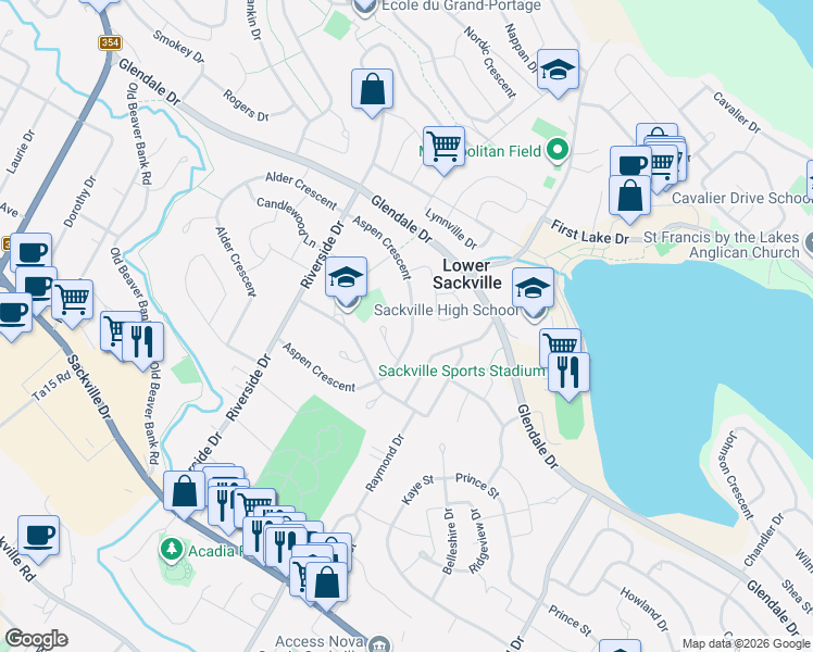 map of restaurants, bars, coffee shops, grocery stores, and more near 126 Aspen Crescent in Lower Sackville