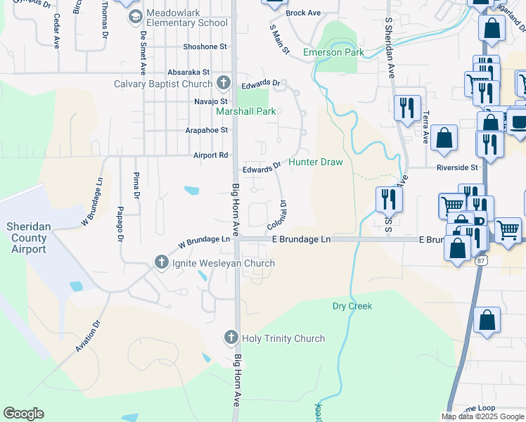map of restaurants, bars, coffee shops, grocery stores, and more near 2018 Skyview West Drive in Sheridan