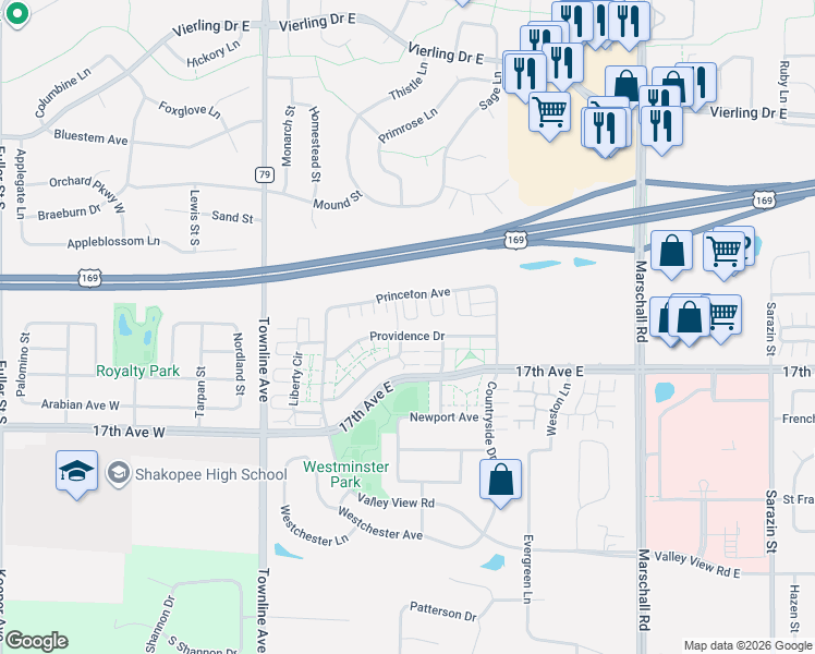 map of restaurants, bars, coffee shops, grocery stores, and more near 831 Providence Dr in Shakopee