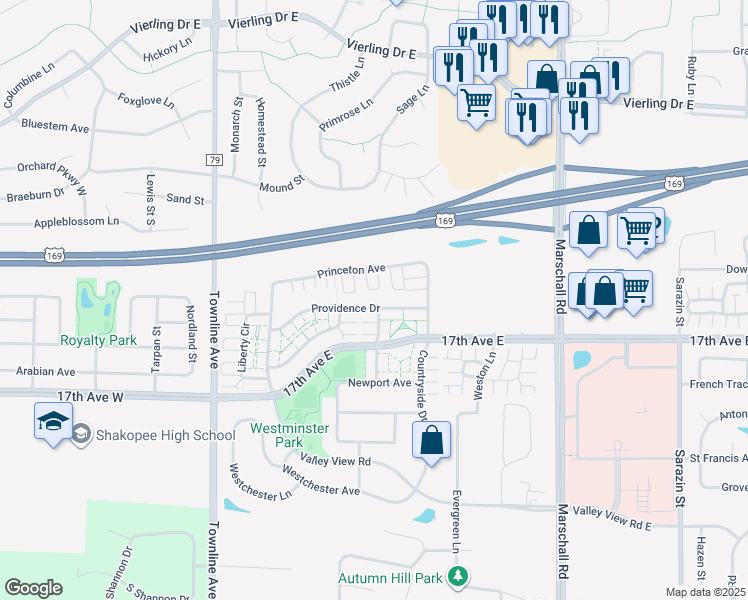 map of restaurants, bars, coffee shops, grocery stores, and more near 927 Providence Drive in Shakopee
