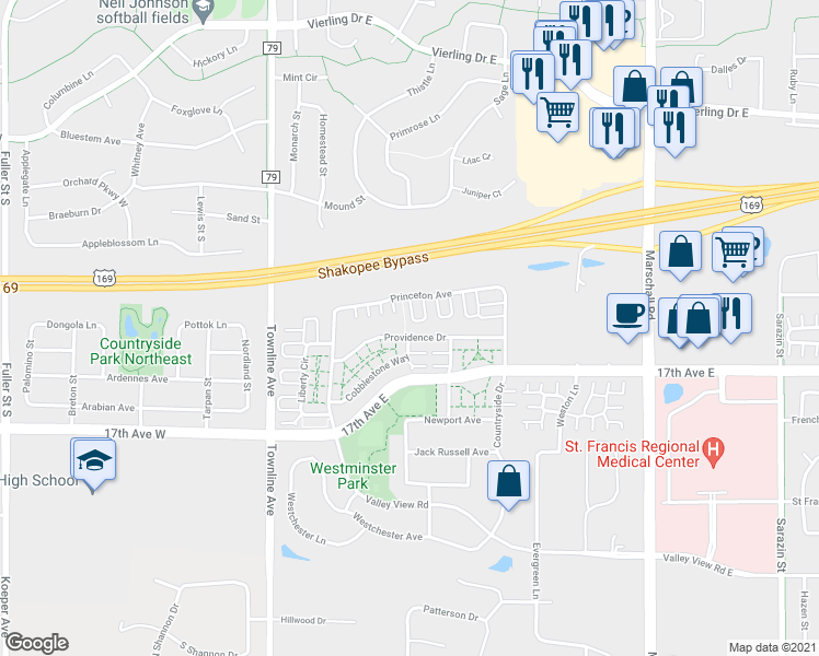 map of restaurants, bars, coffee shops, grocery stores, and more near 807 Providence Drive in Shakopee