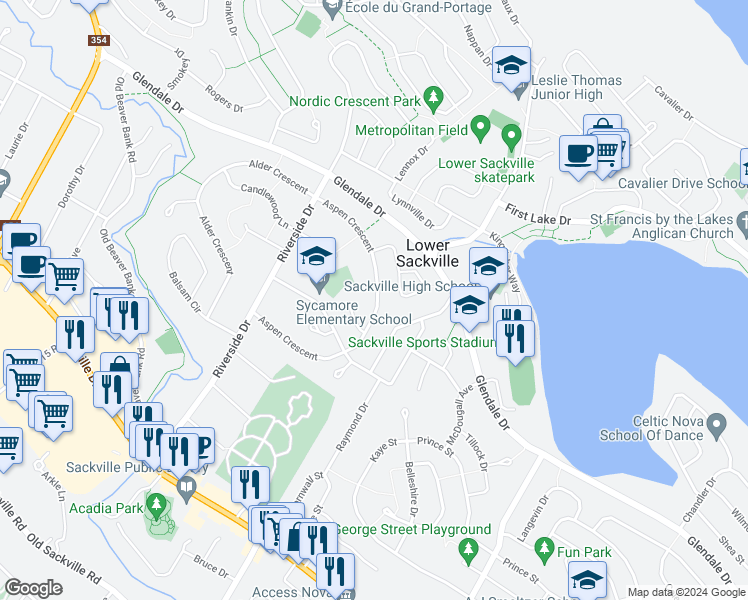map of restaurants, bars, coffee shops, grocery stores, and more near 126 Aspen Crescent in Lower Sackville