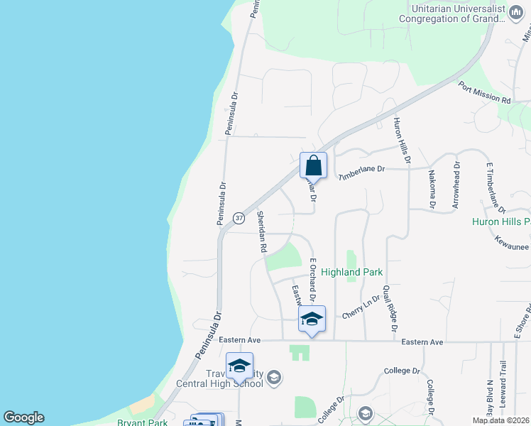 map of restaurants, bars, coffee shops, grocery stores, and more near 918 Sheridan Road in Traverse City