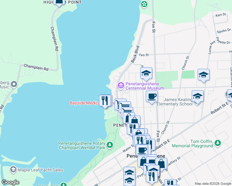 map of restaurants, bars, coffee shops, grocery stores, and more near 2 Beck Boulevard in Penetanguishene