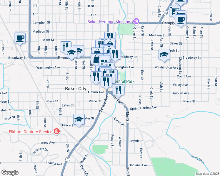 map of restaurants, bars, coffee shops, grocery stores, and more near 1780 Main Street in Baker City
