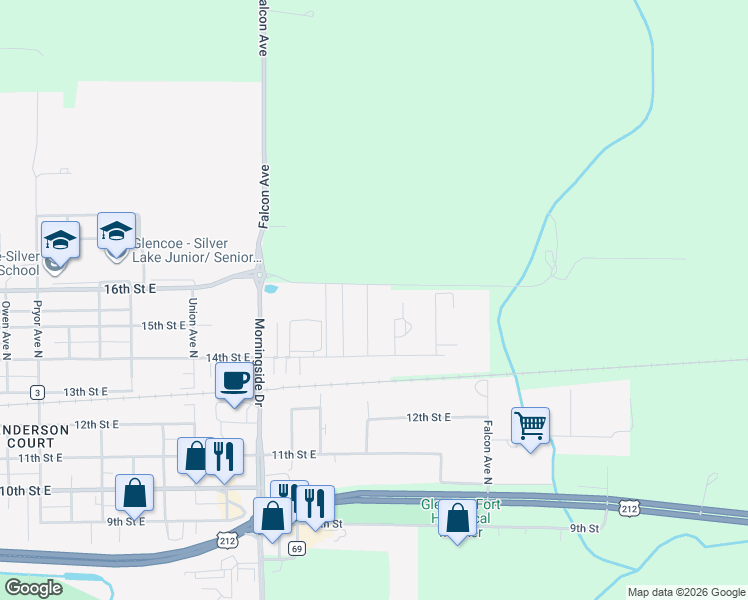 map of restaurants, bars, coffee shops, grocery stores, and more near 1520 Ranger Drive North in Glencoe