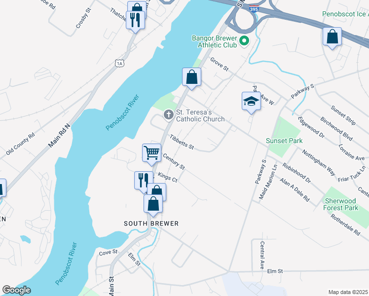 map of restaurants, bars, coffee shops, grocery stores, and more near 25 Tibbetts Street in Brewer