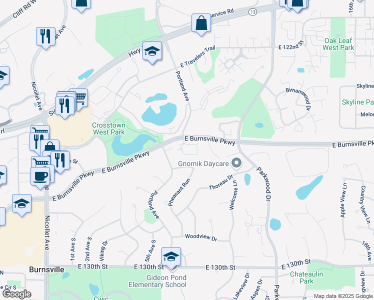 map of restaurants, bars, coffee shops, grocery stores, and more near 606 East Portland Drive in Burnsville