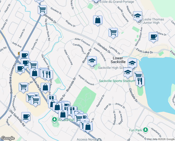 map of restaurants, bars, coffee shops, grocery stores, and more near 70 Sycamore Lane in Lower Sackville