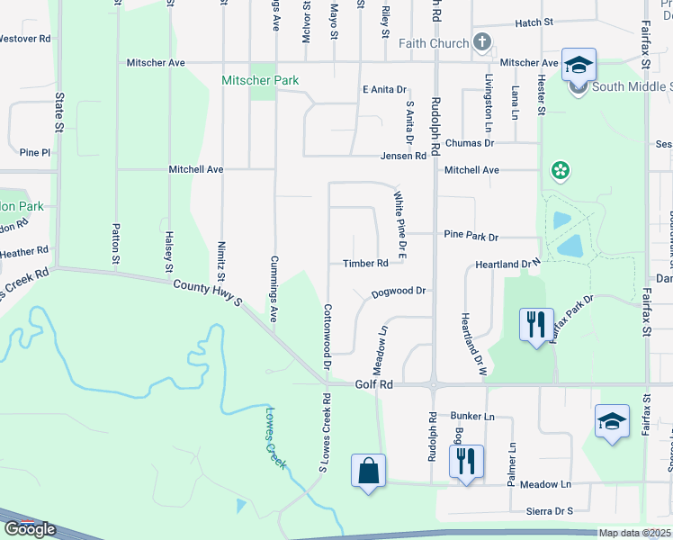 map of restaurants, bars, coffee shops, grocery stores, and more near 1203 Timber Road in Eau Claire