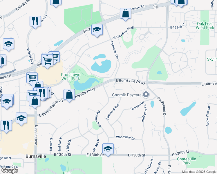 map of restaurants, bars, coffee shops, grocery stores, and more near 607 East Portland Drive in Burnsville