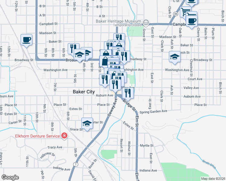 map of restaurants, bars, coffee shops, grocery stores, and more near 1780 Main Street in Baker City