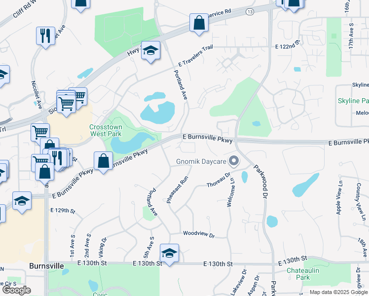map of restaurants, bars, coffee shops, grocery stores, and more near 606 East Portland Drive in Burnsville