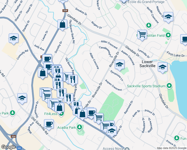 map of restaurants, bars, coffee shops, grocery stores, and more near 12 Alder Crescent in Lower Sackville