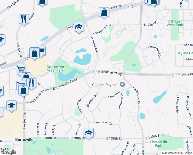 map of restaurants, bars, coffee shops, grocery stores, and more near 606 East Portland Drive in Burnsville