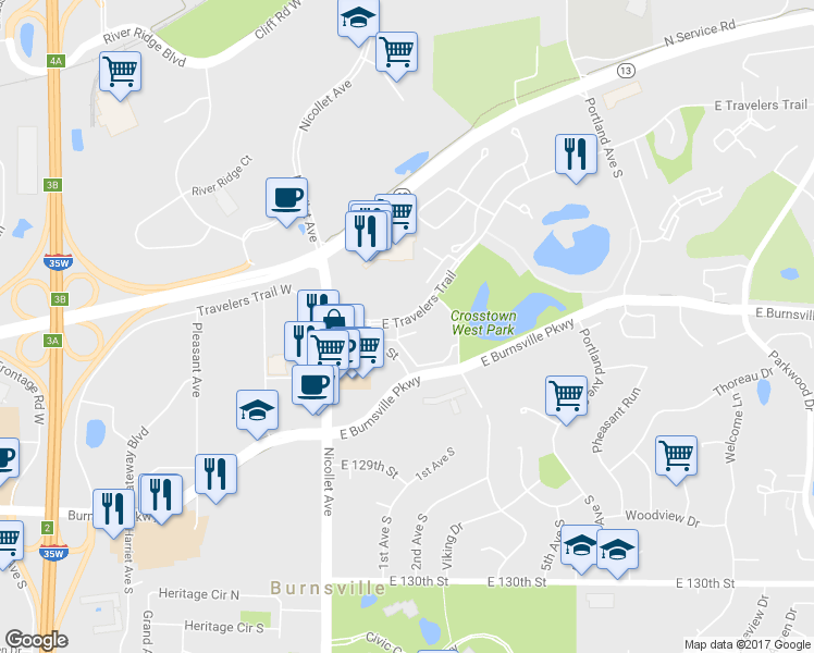 map of restaurants, bars, coffee shops, grocery stores, and more near 133 East Travelers Trail in Burnsville