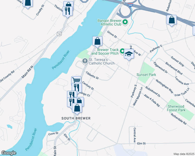 map of restaurants, bars, coffee shops, grocery stores, and more near 25 Tibbetts Street in Brewer