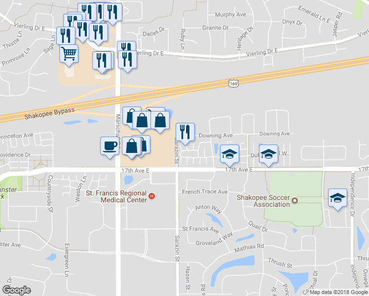 map of restaurants, bars, coffee shops, grocery stores, and more near 1821 Pintail Avenue in Shakopee