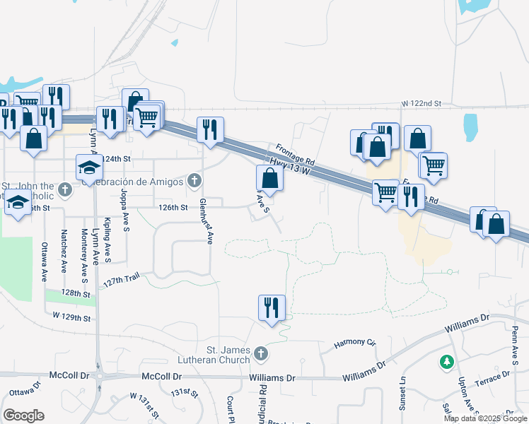 map of restaurants, bars, coffee shops, grocery stores, and more near 12614 Chowen Bend in Burnsville