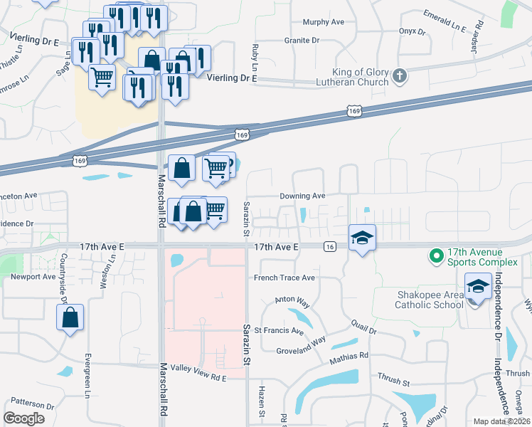 map of restaurants, bars, coffee shops, grocery stores, and more near 1821 Pintail Avenue in Shakopee