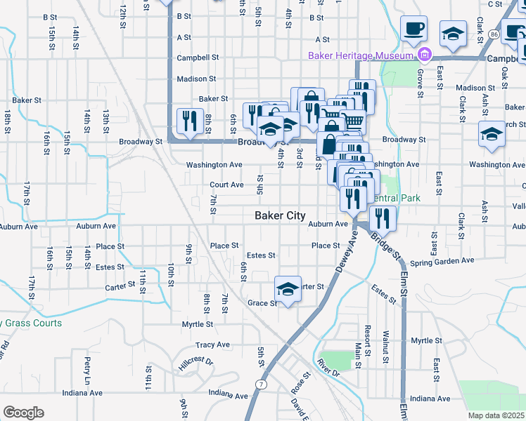map of restaurants, bars, coffee shops, grocery stores, and more near 2355 Valley Avenue in Baker City