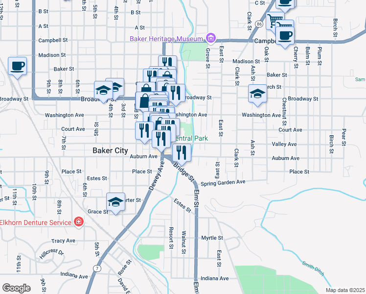 map of restaurants, bars, coffee shops, grocery stores, and more near 1773 Valley Avenue in Baker City
