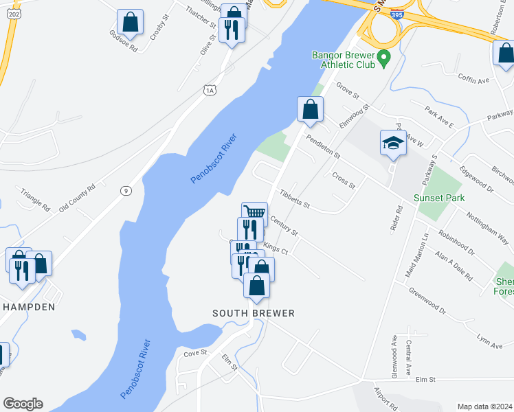 map of restaurants, bars, coffee shops, grocery stores, and more near 457 South Main Street in Brewer