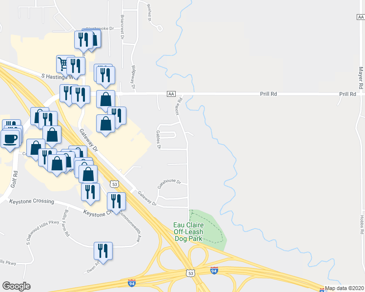 map of restaurants, bars, coffee shops, grocery stores, and more near 5720 Gables Drive in Eau Claire