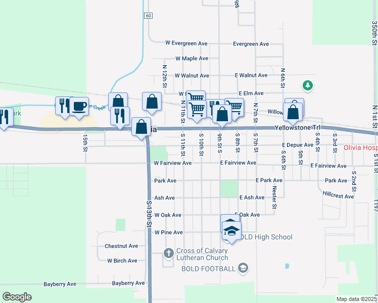 map of restaurants, bars, coffee shops, grocery stores, and more near 205 South 11th Street in Olivia