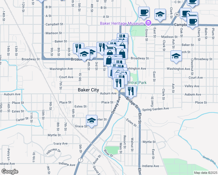 map of restaurants, bars, coffee shops, grocery stores, and more near 2005 Valley Avenue in Baker City
