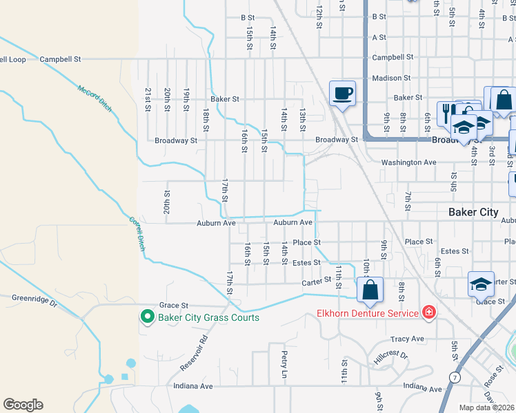 map of restaurants, bars, coffee shops, grocery stores, and more near 1779 15th Street in Baker City