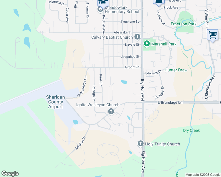 map of restaurants, bars, coffee shops, grocery stores, and more near 420 Airport Road in Sheridan