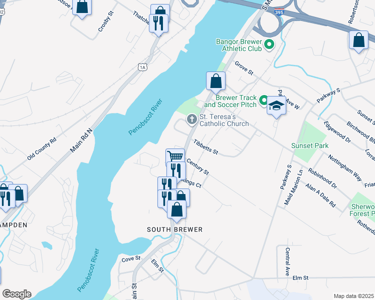 map of restaurants, bars, coffee shops, grocery stores, and more near 457 South Main Street in Brewer