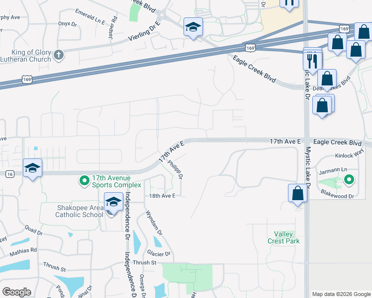 map of restaurants, bars, coffee shops, grocery stores, and more near 2989 Philipp Avenue in Shakopee